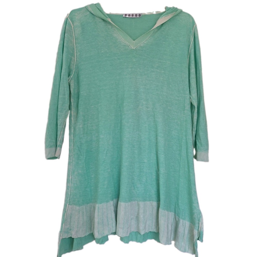 Kokun Bamboo Cashmere Blend Hood 3/4 Sleeve Top Green Longline Knit Women XL
